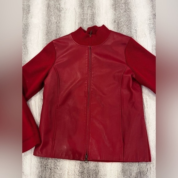 Vintage 1990s Pendleton Red Leather Merino Wool Blend Front Zip Sweater Jacket S - Picture 2 of 6